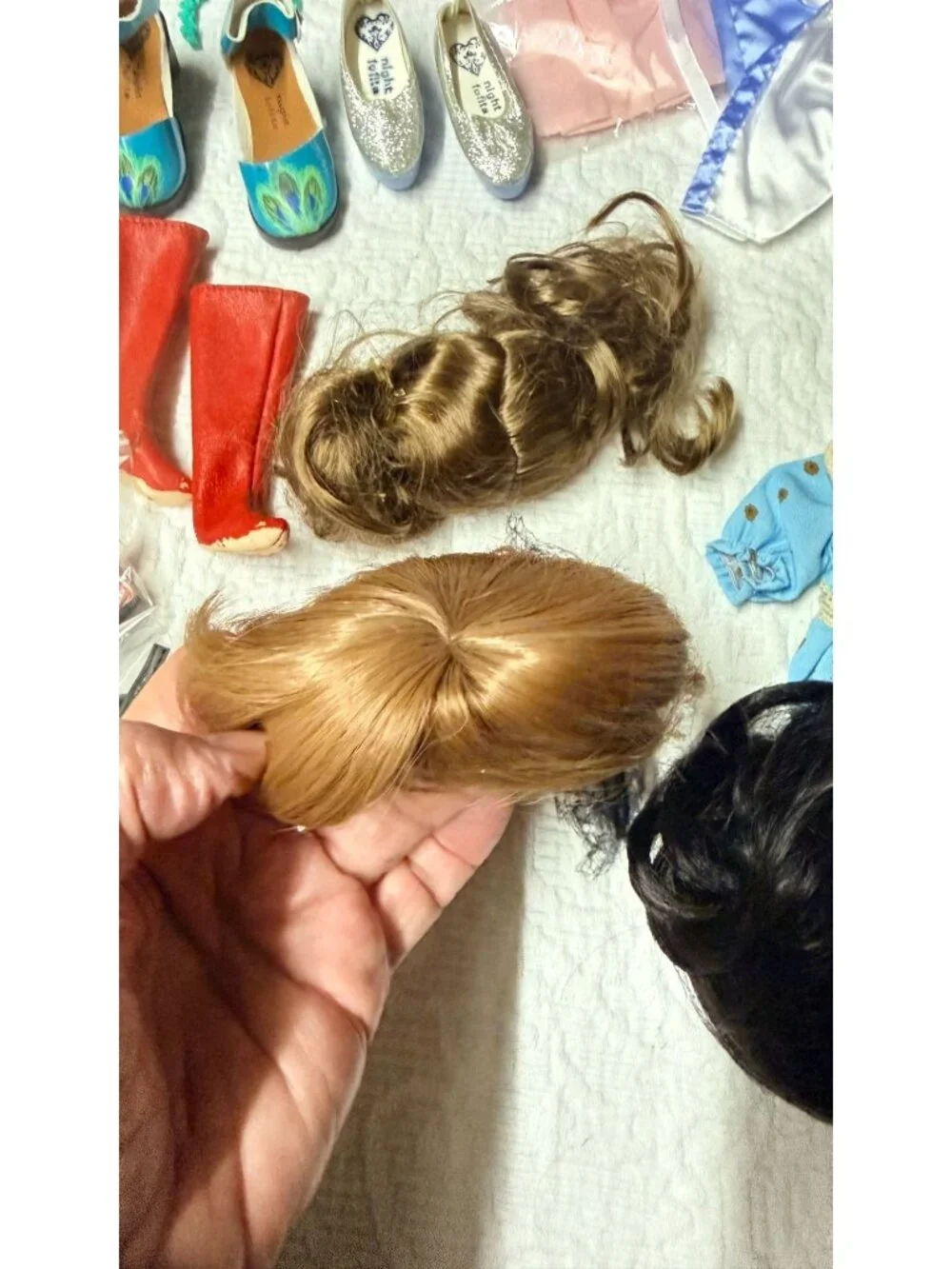 Vintage Doll Bear Clothing Accessories Wig Shoe Lot Various Sizes See Pics